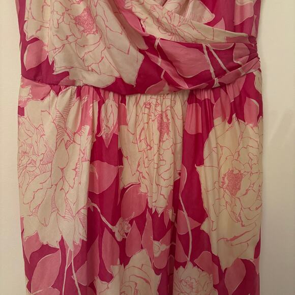 Trina Turk Silk Midi Dress Size 10 Pink White Floral Faux Wrap Adjustable Straps - Picture 4 of 8